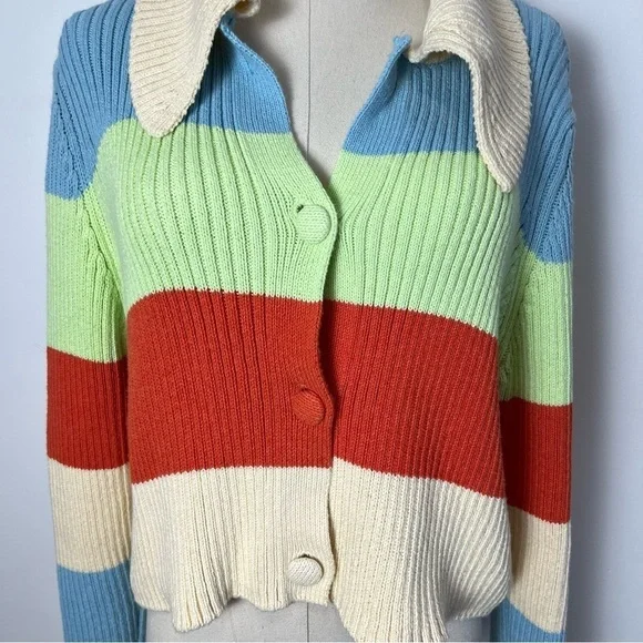 Zara Striped Button Front Knit Cardigan Sweater with Collar - Picture 6 of 8